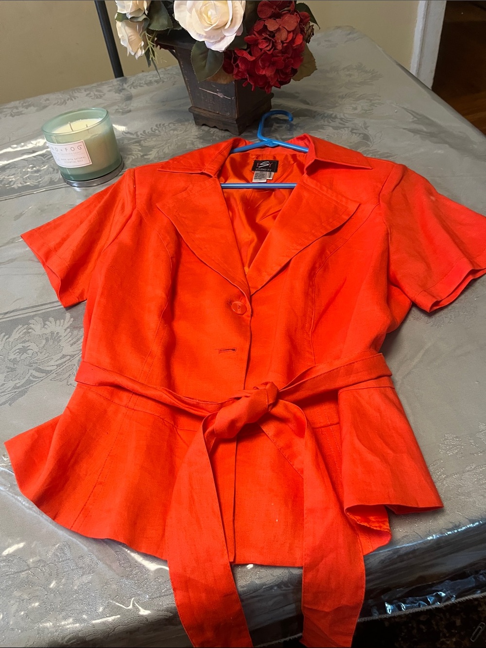 Bright Orange Short-Sleeve Tie-Waist Blouse